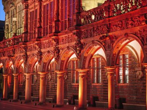 A historic building at night, its gothic facades bathed in red light, Bremen, Germany, Europe