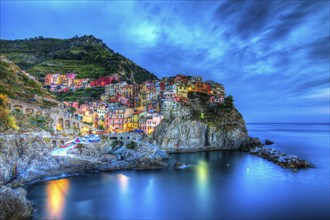 Manarola at sunset, Cinque Terre, Italy, Europe