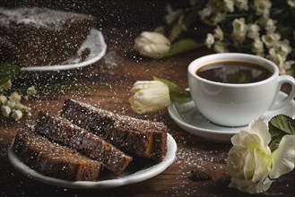 A cup of coffee and cake with icing sugar and flower arrangement on a wooden table, cosy atmosphere