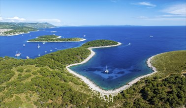 Bay with boats, Pakleni or Paklinski Islands off the island of Hvar, Dalmatia, Croatia, Europe