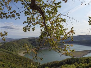 View over a lake and mountains with hanging branches in the foreground, Waldeck, Hesse, Germany,