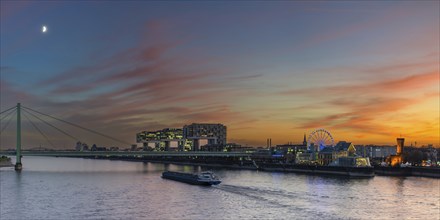 Panorama from the Deutzer Bridge to the Rheinau harbour with crane houses, chocolate museum and