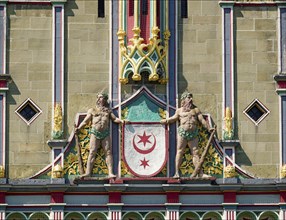 Detail of the façade with the city coat of arms, Halle District Court, designed by architect Karl