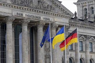 Flags of the European Union (EU), Ukraine and the Federal Republic of Germany in front of a special