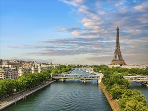 Panoramic view above historical Parisian buildings and landmarks