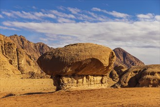 The Mushroom stone formation in the Valley of the Moon of Wadi Rum desert