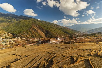 Aerial view of Tashichho Dzong with Thimphu city