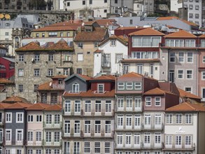 Interlocking residential buildings with tiled roofs and numerous windows in a densely built-up