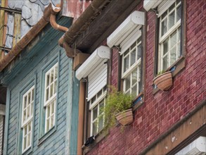 Close-up of old houses with brick facades, windows and small plant pots underneath, Porto, Douro,