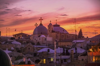 Jerusalem Old City and Holy Sepulchre at Night with blood red sky