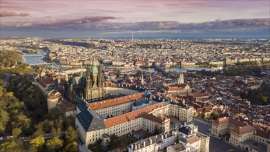 Wide panoramic view of Prague castle complex