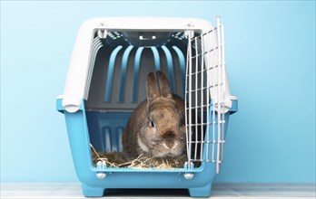 Rabbit in a transport box, pet locked in a cage, taking care of domestic animal, vacation or