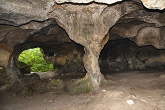 Huel Lee or Hohllay on the Mullerthal trail in Luxembourg, open cave with view to the forest,