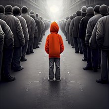 Group of people standing in a line, one child with a red jacket is standing out from the crowd, be