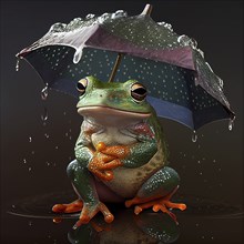 Green frog sitting under an umbrella with raindrops, rainy weather, puddle on the ground, amphibian