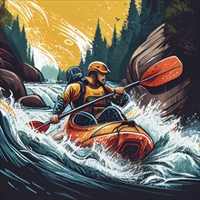 Man kayaking in whitewater surrounded by rocks and forest, adventure and active sport on the river