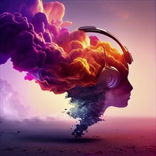 Portrait of a young woman with headphones listening to music, colorful waves and energy,