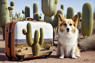 Dog with a suitcase traveling to the desert with cactus, summer holiday, adventure and wanderlust