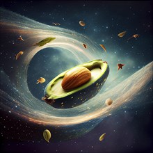 Avocado travels in space, explore the universe, star tail around the fruit, surreal creative
