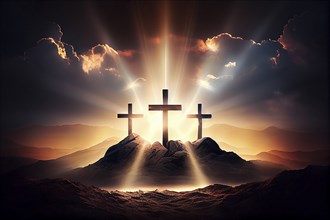 Three cross on the mountain with sun light, belief, faith and spirituality, crucifixion and