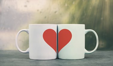 Mug couple with a huge heart on a window sill cuddle, cup of coffee, relationship and friendship