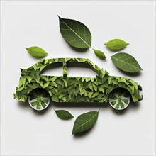 Green electric car made from leaves, sustainable and renewable ressources, eco power, environment