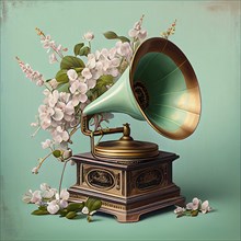 Gramophone with flowers, vintage retro music player, vinyl record