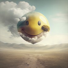 Big yellow head with a smiling happy face in the sky, mental health concept, positive mindset,