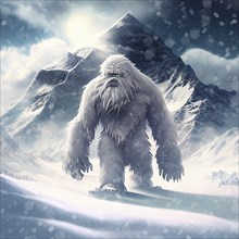 Yeti in the snow covered Himalaya mountains, mysterious furry creature walking in the frozen