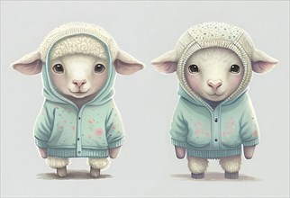 Cute easter lamb with clothes, pastel color, spring holiday greeting card, fairy tale character,
