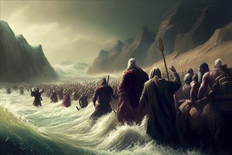 Exodus of the bible, Moses crossing the Red Sea with the Israelites, escape from the Egyptians,