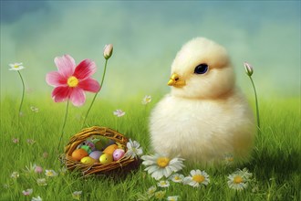 Easter chick, spring meadow with colorful eggs in a basket and flowers, holiday greeting card