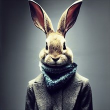 Surreal Mammalian Hybrids creature, half man, half rabbit in mythologie wearing a coat and scarf,