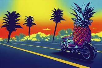 Pineapple sitting on a motorcycle, driving on a road with palm trees, 80s retrowave style, summer