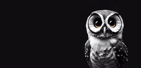 Cute owl bird with big eyes, portrait of animal of prey, black background with copy space,