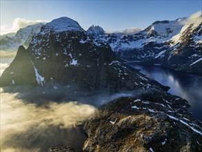 Aerial view, steep mountains, coast, winter, fog, evening light, A i Lofoten, Moskenesoya, Lofoten,