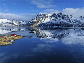 Aerial view of church, fjord, steep mountains, coast, winter, sun, Vestpollen, Austvagoya, Lofoten,