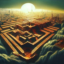 Acient city of Babylon with the tower of Babel, bible and religion, new testament, speech in