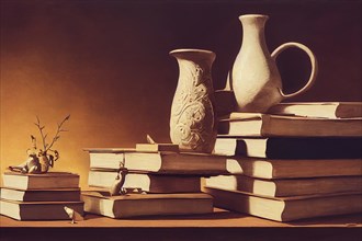 Ceramic pitchers standing on a pile of old books, vintage style table, window light, illustration