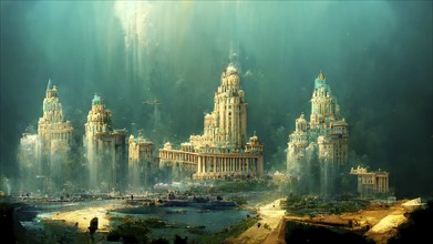 Illustration of Atlantis, ancient civilization, history and mythology, legend city sunken under the