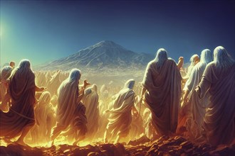 Illustration of the Exodus of the bible, Moses crossing the desert the Israelites, escape from the
