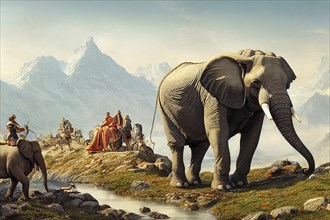 Illustration of Hannibal crossing the alps with elephants to the north of Italy, history of the