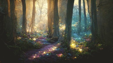Mystic fairy tale forest in the night with glowing lights, illustration of a dreamlike landscape