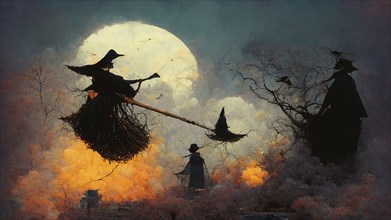 Halloween greeting card with witches flying on a broom, mysterious trees, dark and scary full moon