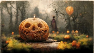 Halloween greeting card with pumkins and mysterious trees, dark and scary night in autumn,