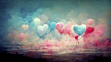 Illustration of a sky with colorful heart ballons flying over the sea, valentines greeting card,