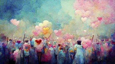 Illustration of people throwing colorful powder, Holi festival in India, colored hearts for eternal