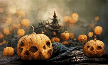 Halloween greeting card with pumkins and mysterious trees, dark and scary night in autumn,