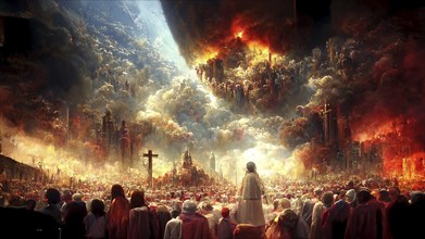 Revelation of Jesus Christ, new testament, religion of christianity, heaven and hell over the crowd