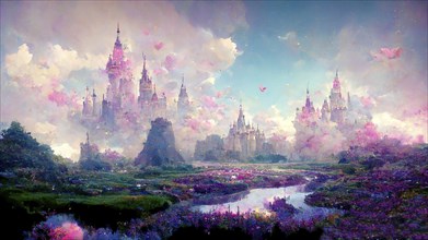 Illustration of a fairytale dreamlike castle in pastel colors, magical and mystical medieval